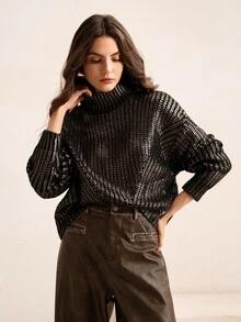 Anewsta High-End French Style Gold Foil Embellished Crew Neck Sweater Knit Pullover Fall Winter Sweater - Gold - View 1