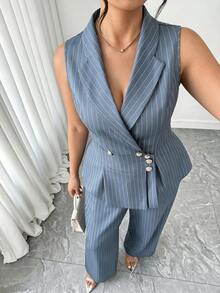 Elenzga 大尺碼女款通勤簡約休閒優雅條紋背心與長褲兩件套 正式天藍色秋季 - 霧霾藍 - 查看 8