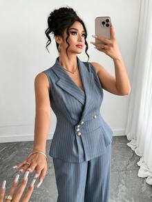 Elenzga 大尺碼女款通勤簡約休閒優雅條紋背心與長褲兩件套 正式天藍色秋季 - 霧霾藍 - 查看 5