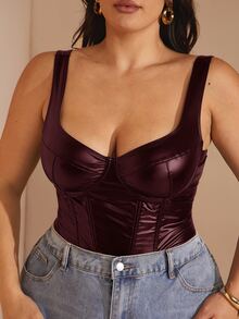 SHEIN BAE Plus Size Women Summer/Autumn PU Bustier Bodysuit Halloween - Burgundy - View 3