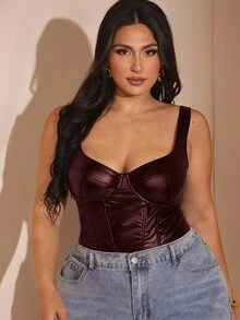 SHEIN BAE Plus Size Women Summer/Autumn PU Bustier Bodysuit Halloween - Burgundy - View 2
