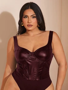 SHEIN BAE Plus Size Women Summer/Autumn PU Bustier Bodysuit Halloween - Burgundy - View 5