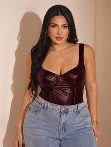 SHEIN BAE Plus Size Women Summer/Autumn PU Bustier Bodysuit Halloween - Burgundy - View 1