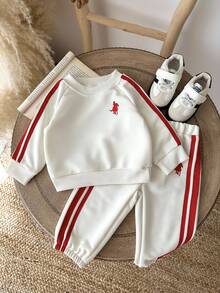 Souflis Souflis Boys' (Small) Sweatshirt Set, Toddler Casual Old Money Style With Contrast Stitching, Embroidered Ribbon Stripe Decor, Long Sleeve Crew Neck Pullover Top And Elastic Waist Cuffed Pants, Autumn/Winter Outfit For School, Daily Wear, Sports And College Style - Apricot - View 4