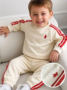 Souflis Souflis Boys' (Small) Sweatshirt Set, Toddler Casual Old Money Style With Contrast Stitching, Embroidered Ribbon Stripe Decor, Long Sleeve Crew Neck Pullover Top And Elastic Waist Cuffed Pants, Autumn/Winter Outfit For School, Daily Wear, Sports And College Style - Apricot - View 2