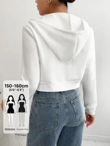 SHEIN PETITE 拉链短款抽绳连帽衫，毕业长袖上衣，返校服装，毕业典礼，女士教师服装，秋冬返校 - 白色 - 查看 2