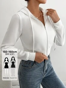SHEIN PETITE 拉链短款抽绳连帽衫，毕业长袖上衣，返校服装，毕业典礼，女士教师服装，秋冬返校 - 白色 - 查看 4