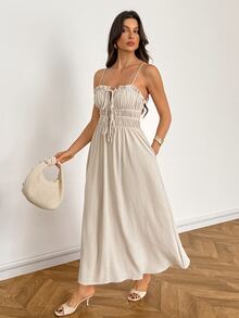 SHEIN Tall Tie Front Ruched Bust Cami Dress - Apricot - View 7