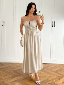 SHEIN Tall Tie Front Ruched Bust Cami Dress - Apricot - View 8