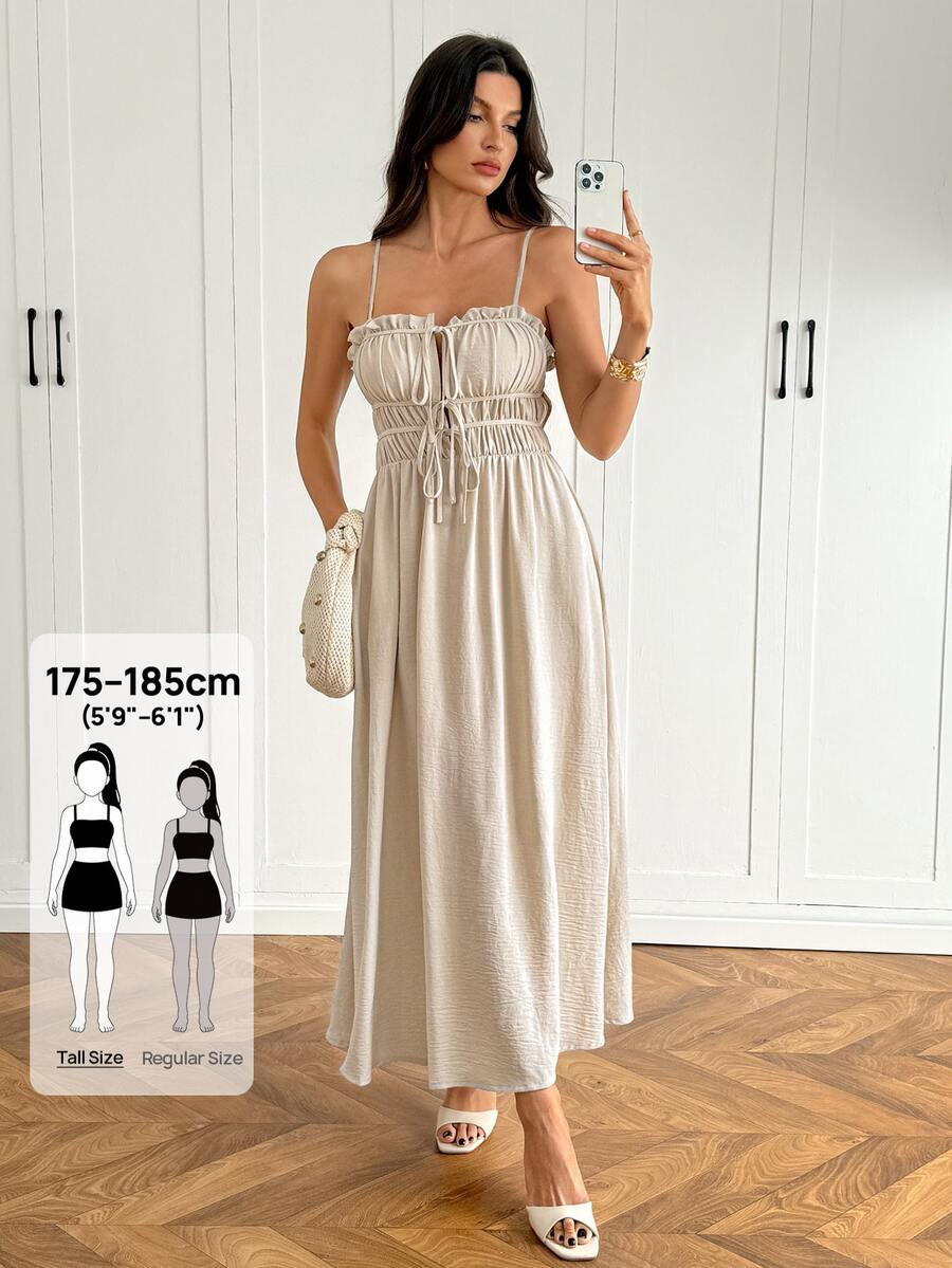 SHEIN Tall Tie Front Ruched Bust Cami Dress - Apricot - View 1