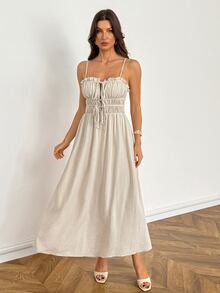 SHEIN Tall Tie Front Ruched Bust Cami Dress - Apricot - View 5