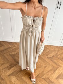 SHEIN Tall Tie Front Ruched Bust Cami Dress - Apricot - View 6