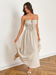 SHEIN Tall Tie Front Ruched Bust Cami Dress - Apricot - View 3