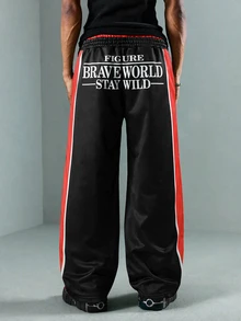 ROMWE MEN Men's Letter Print Double Waistband Streetwear Loose Fit Sweatpants - Black - View 8