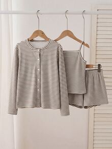 Girls 3 Piece Yellow White Striped Knit Set Long Sleeve Button Up Cardigan Tank Top Elastic Waist Shorts Sweet Aesthetic Fashion Must Have Fall - Multicolor - View 4
