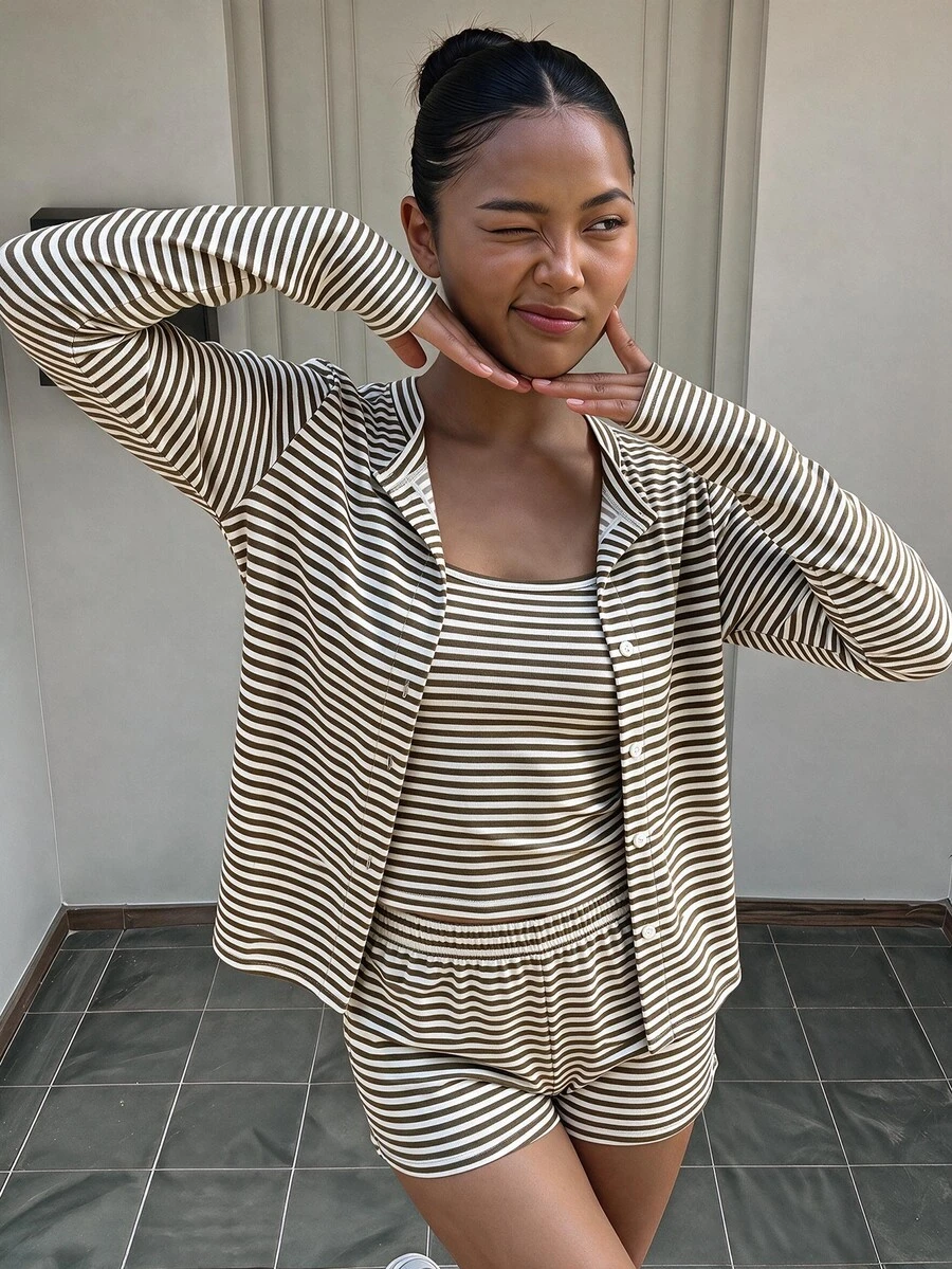 Girls 3 Piece Yellow White Striped Knit Set Long Sleeve Button Up Cardigan Tank Top Elastic Waist Shorts Sweet Aesthetic Fashion Must Have Fall - Multicolor - View 1