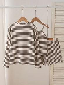 Girls 3 Piece Yellow White Striped Knit Set Long Sleeve Button Up Cardigan Tank Top Elastic Waist Shorts Sweet Aesthetic Fashion Must Have Fall - Multicolor - View 2