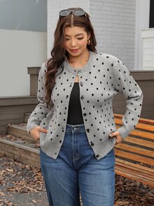 Comfylo Plus Size Women Polka Dot Casual Versatile Daily Wear Cardigan - Light Grey - View 4