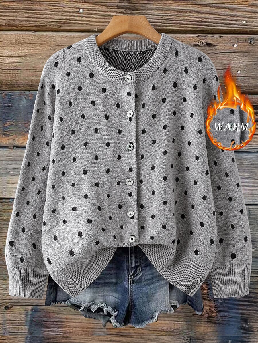 Comfylo Plus Size Women Polka Dot Casual Versatile Daily Wear Cardigan Winter