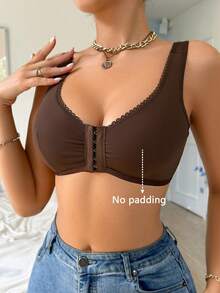 Women's Solid Color Front Button Pleated Casual Everyday Bra - Brown - View 3
