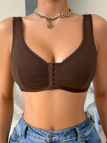 Women's Solid Color Front Button Pleated Casual Everyday Bra - Brown - View 5