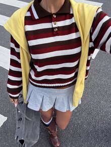 Muchica WOMEN'S WEAR Multicolor Stripe Polo Collar Knit Sweater - Multicolor - View 1