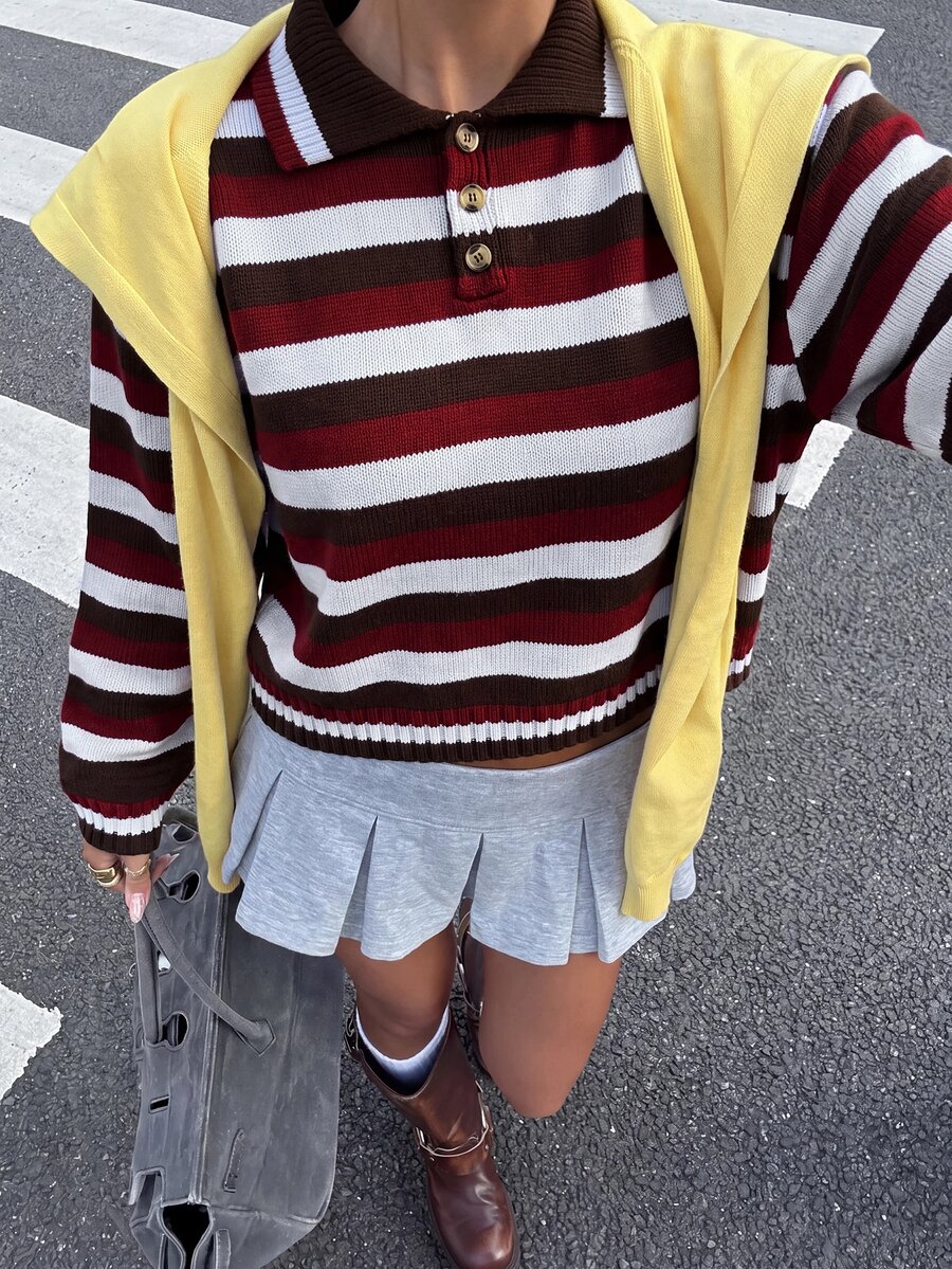 Muchica WOMEN'S WEAR Multicolor Stripe Polo Collar Knit Sweater - Multicolor - View 1