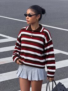 Muchica WOMEN'S WEAR Multicolor Stripe Polo Collar Knit Sweater - Multicolor - View 5