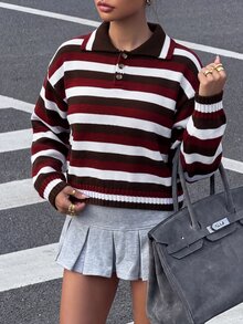 Muchica WOMEN'S WEAR Multicolor Stripe Polo Collar Knit Sweater - Multicolor - View 2