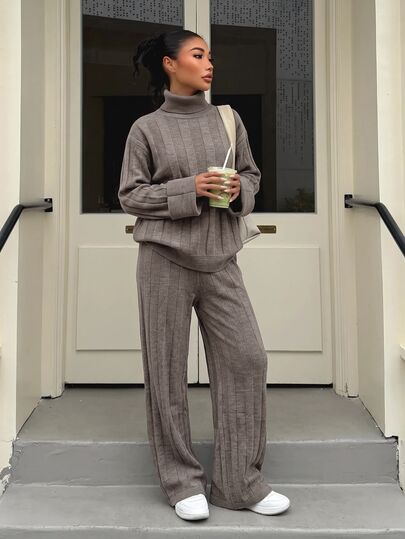 Muchica Soft Luxe Ribbed Turtleneck Oversized Sweater & Wide Leg Pants Knit Lounge Co-Ord Set