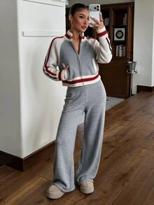 Muchica Grey Contrast-Stripe Zip-Up Knit Bomber And Wide-Leg Knit Pants Two Pieces Co-Ord Set With Three-Color Detail And Relaxed Sport-Luxe Silhouette - Grey - View 5