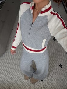 Muchica Grey Contrast-Stripe Zip-Up Knit Bomber And Wide-Leg Knit Pants Two Pieces Co-Ord Set With Three-Color Detail And Relaxed Sport-Luxe Silhouette - Grey - View 4