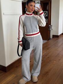 Muchica Grey Contrast-Stripe Zip-Up Knit Bomber And Wide-Leg Knit Pants Two Pieces Co-Ord Set With Three-Color Detail And Relaxed Sport-Luxe Silhouette - Grey - View 1