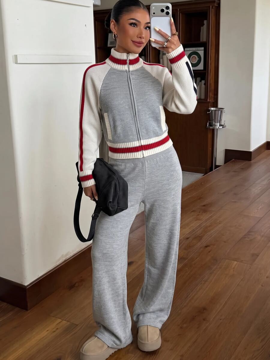 Muchica Grey Contrast-Stripe Zip-Up Knit Bomber And Wide-Leg Knit Pants Two Pieces Co-Ord Set With Three-Color Detail And Relaxed Sport-Luxe Silhouette - Grey - View 1