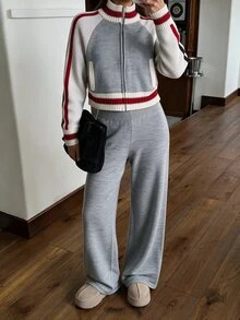 Muchica Grey Contrast-Stripe Zip-Up Knit Bomber And Wide-Leg Knit Pants Two Pieces Co-Ord Set With Three-Color Detail And Relaxed Sport-Luxe Silhouette - Grey - View 6