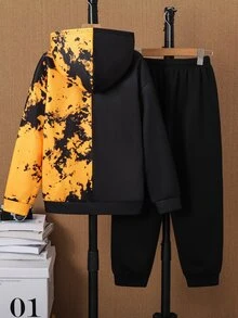 2pcs Kids Tween Boy Casual Daily Versatile Comfortable Printed Pattern Hoodie Loose Pullover Long Sleeve Sweatshirt And Loose Jogger Sweatpants Knit Sweatshirt Set, Suitable For Autumn/Winter - Black - View 3