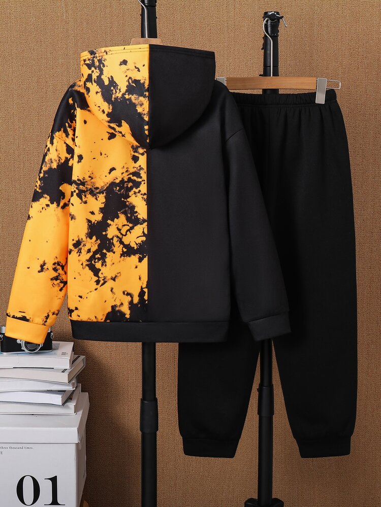 2pcs Kids Tween Boy Casual Daily Versatile Comfortable Printed Pattern Hoodie Loose Pullover Long Sleeve Sweatshirt And Loose Jogger Sweatpants Knit Sweatshirt Set, Suitable For Autumn/Winter - Black - View 2