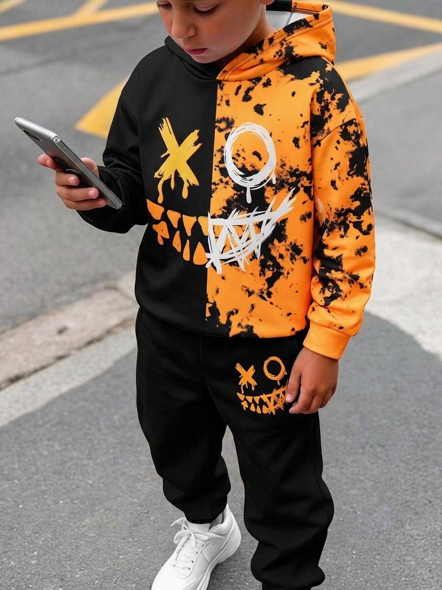2pcs Kids Tween Boy Casual Daily Versatile Comfortable Printed Pattern Hoodie Loose Pullover Long Sleeve Sweatshirt And Loose Jogger Sweatpants Knit Sweatshirt Set, Suitable For Autumn/Winter