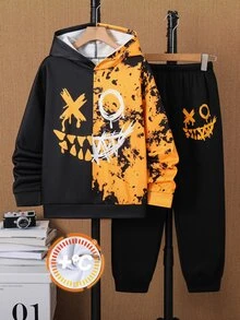 2pcs Kids Tween Boy Casual Daily Versatile Comfortable Printed Pattern Hoodie Loose Pullover Long Sleeve Sweatshirt And Loose Jogger Sweatpants Knit Sweatshirt Set, Suitable For Autumn/Winter - Black - View 4