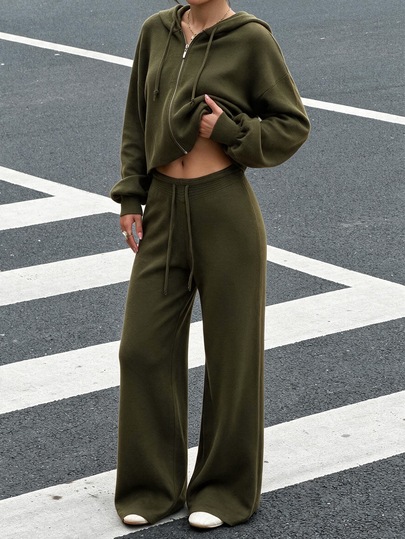 Muchica Khaki Green Cropped Zip Up Hoodie And High Waist Wide Leg Pants Co Ord Set Slim Fit Top Soft
