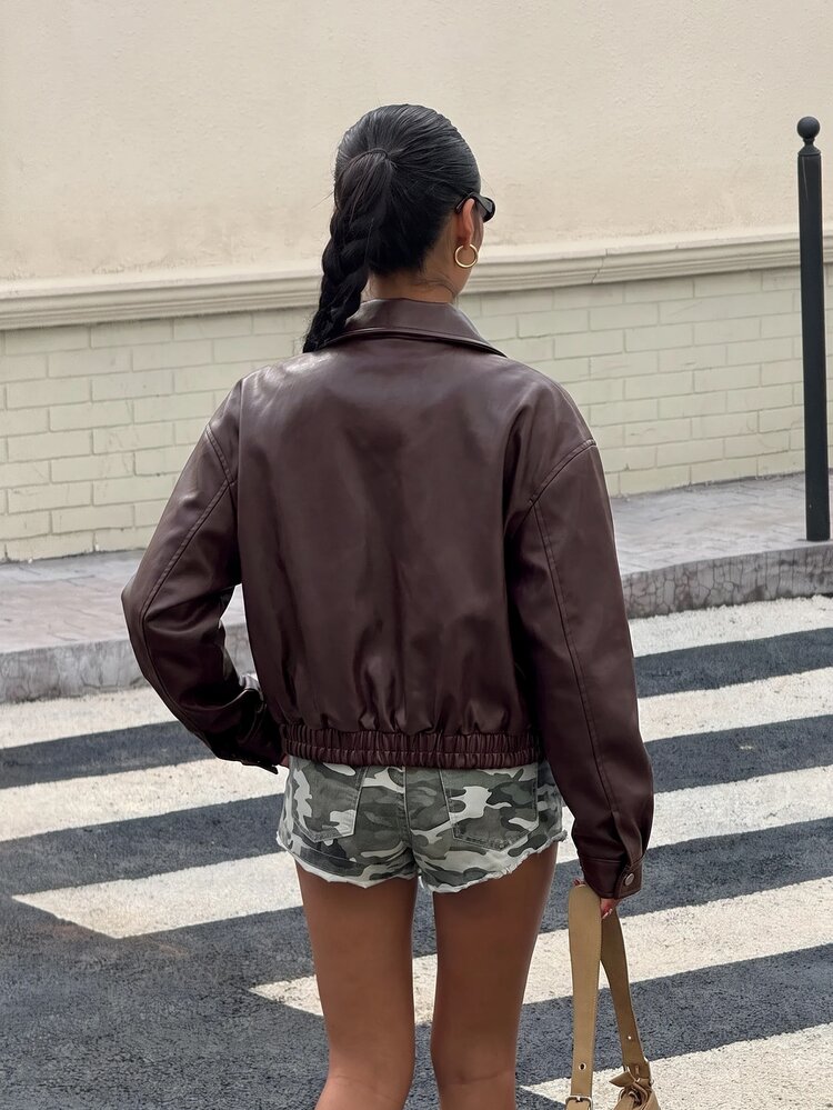 Muchica Women's Burgundy Faux Leather Bomber Jacket – Cropped Zip-Up Outerwear With Elastic Hem - Burgundy - View 2