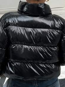 Muchica Shiny Black Cropped Puffer Jacket - Black - View 5
