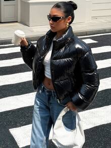 Muchica Shiny Black Cropped Puffer Jacket - Black - View 4