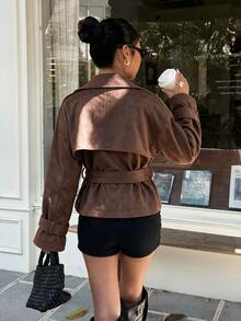 Muchica Brown Double-Breasted Lace-Up Suede Jacket, Regular Fit, Suitable For Daily Urban Wear And Business Style - Brown - View 6