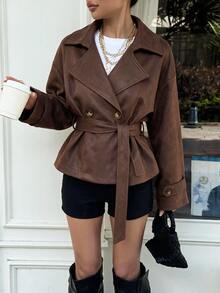 Muchica Brown Double-Breasted Lace-Up Suede Jacket, Regular Fit, Suitable For Daily Urban Wear And Business Style - Brown - View 2