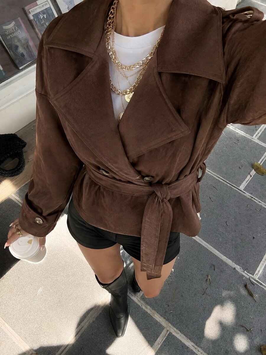 Muchica Brown Double-Breasted Lace-Up Suede Jacket, Regular Fit, Suitable For Daily Urban Wear And Business Style - Brown - View 1