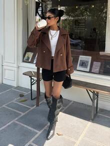 Muchica Brown Double-Breasted Lace-Up Suede Jacket, Regular Fit, Suitable For Daily Urban Wear And Business Style - Brown - View 3