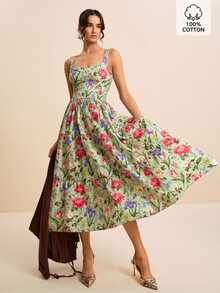 LOTSLUV Women's Sage Green Floral Midi Cami Dress, Ruched Bust, Spaghetti Straps, Flared Skirt, Fairycore Summer Garden Party Vacation Brunch, Homecoming - Multicolor - View 3
