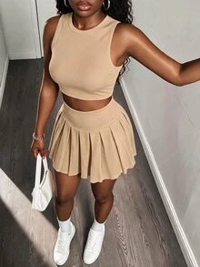 BamGleam 2pcs/Set Women Solid Color Cropped Tank Top And Pleated Mini Skirt - Apricot - View 7