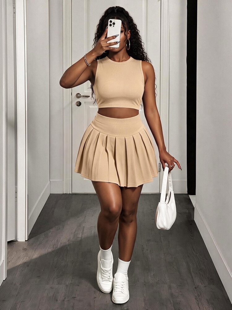 BamGleam 2pcs/Set Women Solid Color Cropped Tank Top And Pleated Mini Skirt - Apricot - View 4